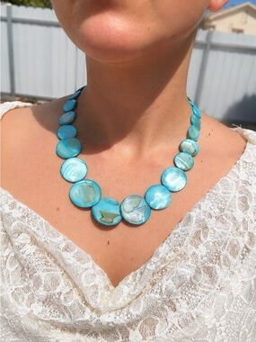 Turquoise Shell Statement Necklace Beach Resort Style New